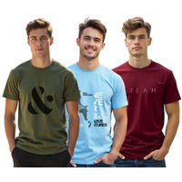 Nobero Men's Cotton Letter Print Regular Fit T-Shirt (1M-Twts-C0761-144X3_Olive Green/Powder Blue/Wine Red)