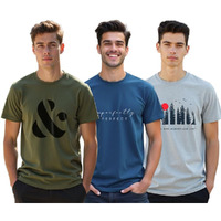 Nobero Cotton Men's Letter Print Regular Fit T-Shirt (1M-Twts-C0764-146X3_Olive Green/Marine/Grey Melange, Medium