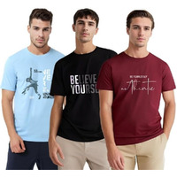Nobero Cotton Men's Letter Print Regular Fit T-Shirt (1M-Twts-C0765-147X3_Powder Blue/Wine Red/Black, Medium