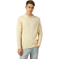 Dennis Lingo Men Off White Solid Slim Fit Full Sleeve Polo Pullover