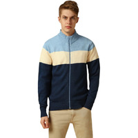 Dennis Lingo Men Grey Colorblock Slim Fit Full Sleeve Mock Collar Pullover Sweater