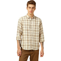 Dennis Lingo Men Relaxed Fit Cotton Full Sleeves Checks Casual Shirts Beige