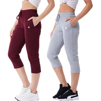 Modeve  Women Solid Light Grey And Wine Cotton Blend Pack Of 2 Capri (Large)