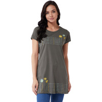 Modeve  Wome Cement Grey Printed Cotton Blend Long T-Shirt (Large)