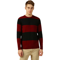Dennis Lingo Men Black Striped Slim Fit Full Sleeve Crew Pullover Sweater