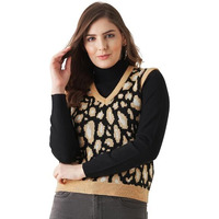 Modeve Animal Print V Neck Casual Women Sweater, Mustard, L||Winterwear||