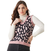 Modeve Animal Print V Neck Casual Women Sweater, Pink, L||Winterwear||