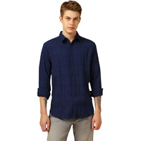 Dennis Lingo Men Relaxed Fit Polyester Full Sleeves Solid Textured Casual Shirts Navy Blue