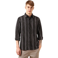 Dennis Lingo Men Black 100% Cotton Full Sleeve Spread Collar Stripes Shirts