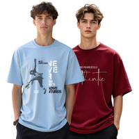 Nobero Men's Graphic Print Oversized Fit T-Shirt (1M-Twts-C0933-X_Powder Blue/Wine Red