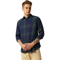 Dennis Lingo Men Navy Blue Checks Regular Fit Full Sleeve Spread Collar Shirts