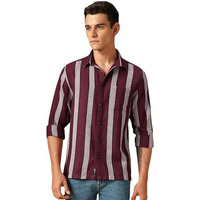 Dennis Lingo Men Stripes Cotton Poly Relaxed Fit Full Sleeves Shirt Maroon
