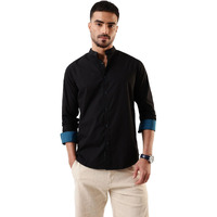 Dennis Lingo Men Black Solid Chinese Collar Full Sleeves Regular Fit Cotton Casual Shirt