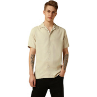 Dennis Lingo Men's Beige Half Sleeve Cuban Collar Solid Textured Relaxed Fit Casual Shirt