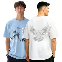 Nobero Men's Graphic Print Oversized Fit T-Shirt (1M-Twts-C0933-X_Powder Blue/White