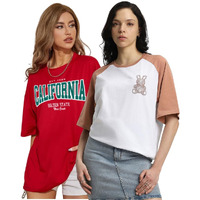 Juneberry Pure 100% Cotton Oversized Loose Baggy Fit Drop Shoulder Latest Aesthetic & Cool Graphic Prinred Half Sleeve T-Shirts For Women & Girls (Po2_Jb_Jteddy_Clfrn_L)