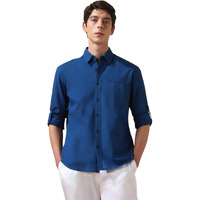 Dennis Lingo Men Solid Cotton Slub Spread Collar Full Sleeves Regular Fit Shirt Teal Blue