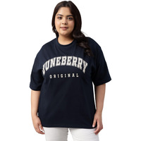 Juneberry 100% Pure Cotton Oversized Baggy Fit Cool Front Chest Graphic Printed Half Sleeve Plus Size T-Shirt For Women & Girls (Jb_Ps_Jborgnl_Nvy_Xxl)