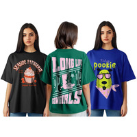 Juneberry Pure Cotton Oversized Loose Baggy Fit Drop Shoulder Half Sleeve Cool Front & Back Graphic Printed Round Neck T-Shirt Combo For Women (Po3_Os_Jb_Ss25_Codg_Porb_Sebk_Xl)