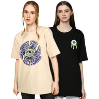 Juneberry Women's Half Sleeve Round Neck Black & White Swan Drop Shoulder Oversized Pocket Print T-Shirt Combo (Po2_Jb1_Eyebk_Wntttrthws_Xl)