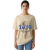 Juneberry 100% Pure Cotton Oversized Baggy Fit Round Neck T-Shirt For Women & Girls (Sizes: S To 2Xl) (Os_Jb_Tacos05_Sw_S)