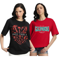 Juneberry Pure 100% Cotton Oversized Loose Baggy Fit Drop Shoulder Latest Aesthetic & Cool Graphic Prinred Half Sleeve T-Shirts For Women & Girls (Po2_Jb_Trstrp_Clfrn_Xl)