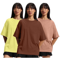 Juneberry Pure Cotton Drop Shoulder Oversized Baggy Fit Half Sleeve Plain Solid Round Neck Multicolor T-Shirt For Women & Girls (Pack Of 3) (Po3_Os_J_Br_Cr_Lm_Xl)