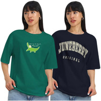 Juneberry Pack Of 2, 100% Pure Cotton, Round Neck, Oversized, Loose, Baggy Fit, Drop Shoulder, Graphic Printed, Half Sleeve T-Shirts For Women & Girls, Size S, Colours Navy & Green