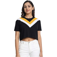 Juneberry Cotton Color Block Crop T-Shirt For Women (Tsh_Gl_117_Blk_S_Multicolor_S)