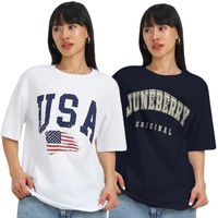 Juneberry Pack Of 2, 100% Pure Cotton, Round Neck, Oversized, Loose, Baggy Fit, Drop Shoulder, Graphic Printed, Half Sleeve T-Shirts For Women & Girls, Size S, Colours Navy & White