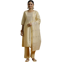 Libas Gerua Womens Embroidered Silk Blend Straight Kurta With Trousers And Dupatta