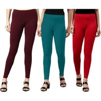 Juneberry Cotton Lycra Skinny Fit Ankle Length Elasticated Closure Leggings Combo For Women (Pack Of 3) (Po3_Lng_Rd_Db_Br_S)