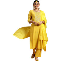 Libas Gerua Womens Yoke Design Silk Blend Straight Kurta With Trousers And Dupatta