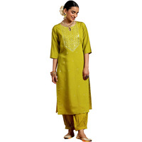 Libas Gerua Womens Embroidered Silk Blend Straight Kurta With Salwar