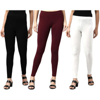 Juneberry Cotton Lycra Skinny Fit Ankle Length Leggings Combo For Women (Pack Of 3) (Po3_Lng_Br_Wt_Bk_S)