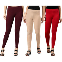 Juneberry Cotton Lycra Skinny Fit Ankle Length Elasticated Closure Leggings Combo For Women (Pack Of 3) (Po3_Lng_Rd_Br_Bg_S)