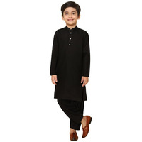 Kisah Boy's Kurta Patiala Set, Black Cotton Blend, Solid Long Sleeves Regular Fit Mandarin Collar (11-12 Years)