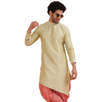 Kisah Men Peach-Coloured Solid Banarasi Straight Kurta Full Sleaves, Knee Length, Straight, Regular Fit, Mandarin Collar Ethnic Casual Wear, 36