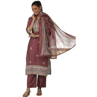 Libas Womens Printed Silk Blend Straight Kurta With Trousers And Dupatta