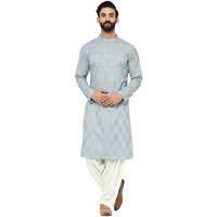 Kisah Men Turquoise Blue Gold-Toned Embroidered Kurta With Salwar, Full Sleaves, Knee Length, Straight, Regular Fit, Mandarin Collar Ethnic Wear