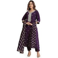 Libas Gerua Womens Embroidered Silk Blend A-Line Kurta With Trousers And Dupatta