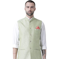 Kisah Men's Printed Sleeveless Jacquard Nehru Jacket | Ethnic Jacket-Waistcoat For Men (Light Green, 38)