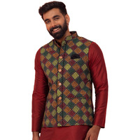 Kisah Men's Printed Regular Fit Sleeveless Cotton Blend Nehru Jacket | Ethnic Jacket-Waistcoat For Men (Multicolored)