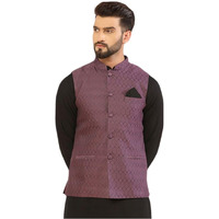 Kisah Men's Nehru Jacket, Mauve Silk Blend, Woven Design Regular Fit Mandarin Collar Sleeveless (M)