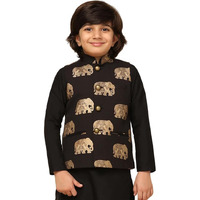 Kisah Boy's Cotton Blend Regular Fit Elephant Print Black Nehru Jacket (3-4Y)