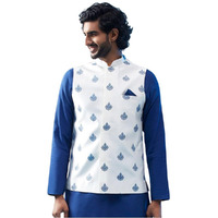 Kisah Men's Nehru Jacket, White Silk Blend, Embellished Mandarin Collar Regular Fit Sleeveless (S)
