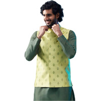 Kisah Men's Nehru Jacket, Green Silk Blend, Embellished Sleeveless Regular Fit Mandarin Collar (M)