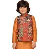Kisah Boy's Cotton Blend Regular Fit Printed Mustard Multicolour Nehru Jacket (9-10Y)
