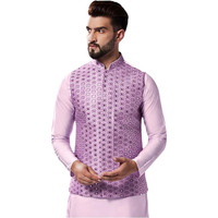 Kisah Men's Nehru Jacket, Lavender Silk Blend, Embellished Regular Fit Mandarin Collar Sleeveless (M)