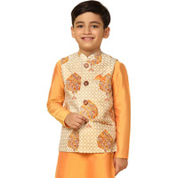 Kisah Boy's Cotton Blend Regular Fit Printed Off White Nehru Jacket|9-10 Years